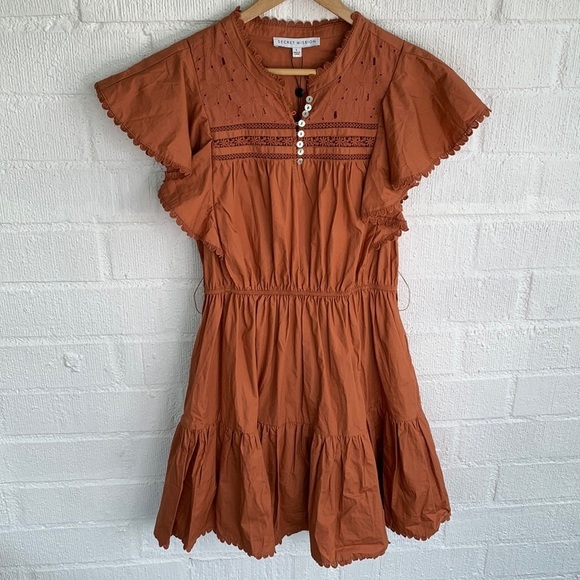Secret Mission Bartolina Ruffled Cotton Crochet Flutter Sleeve Pocket Dress sz L - Picture 4 of 16
